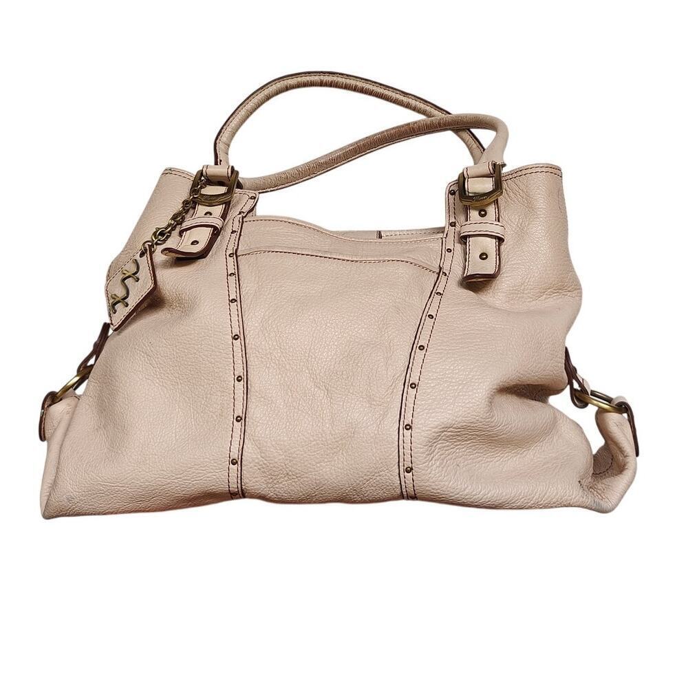 Maxx New York Leather Tote Bag Beige Pebbled Shoulder Satchel Brass Hardware